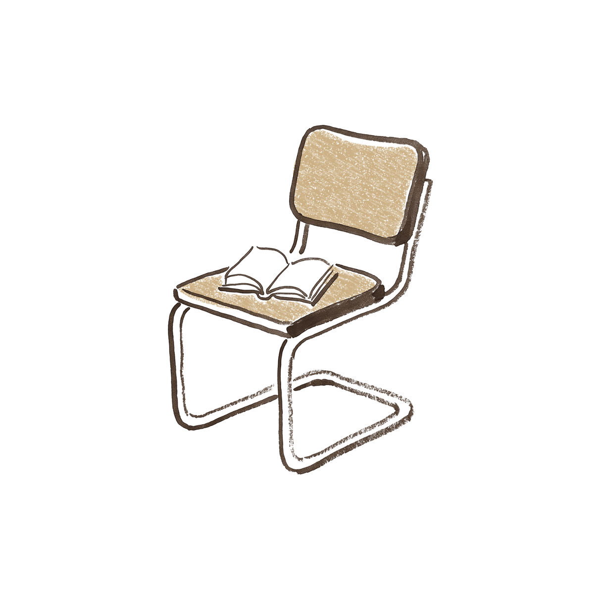 Dessin d'une chaise de Marcel Breuer, un livre ouvert posé sur l'assise