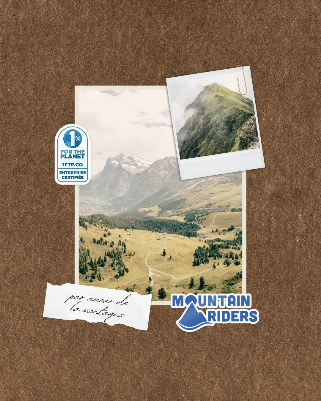 Paysages de montagne, avec les logos de 1% for the Planet et de Mountain Riders.