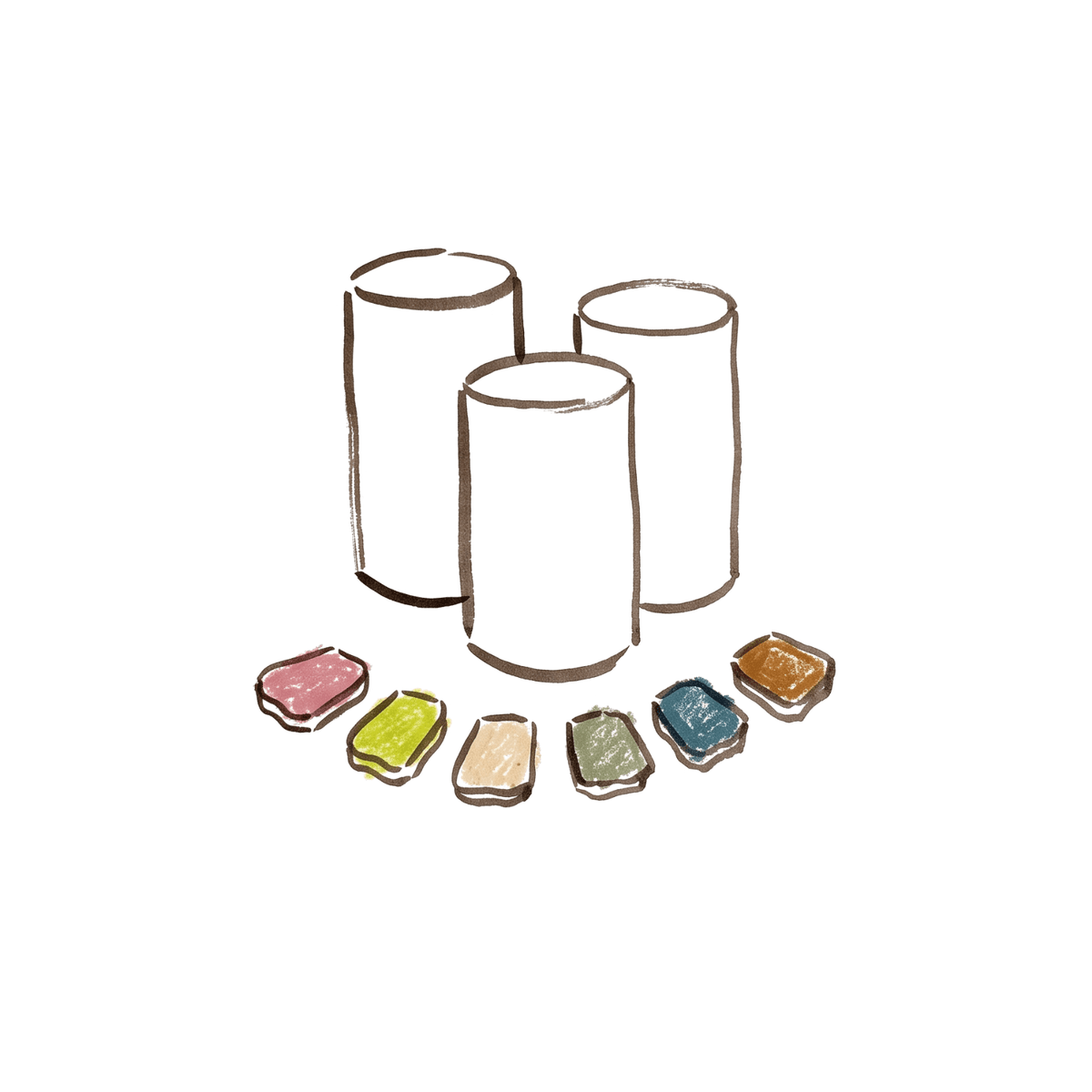 Dessin de trois pots en céramique et de six échantillons d'émail colorés